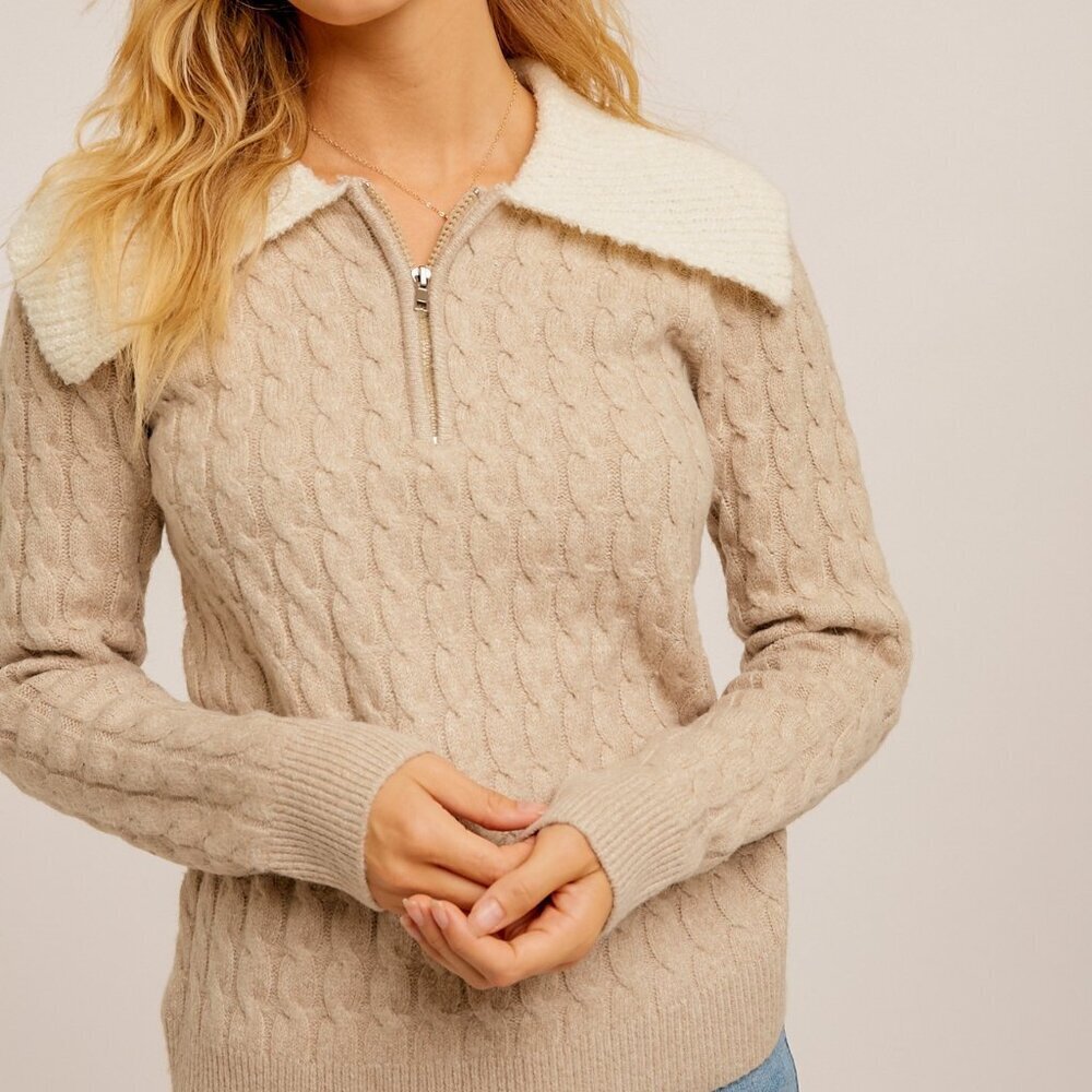 HEM & THREAD Beige Cable Knit Zip Sweater with Oversized Collar, Classic Neutral